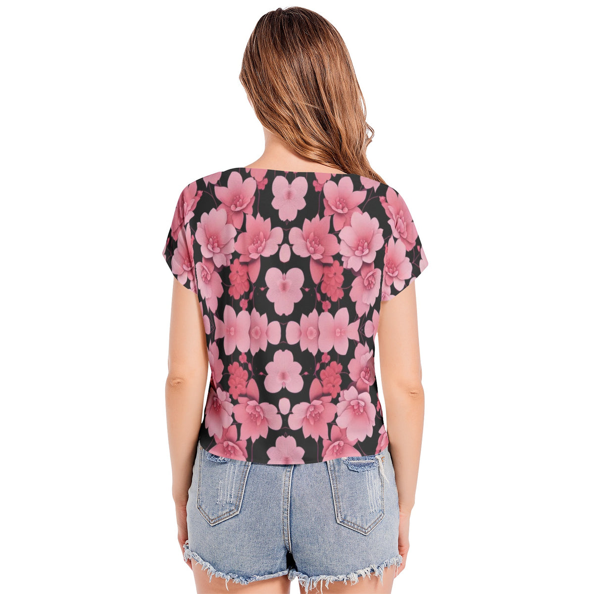 Silver grey white hair inspiration Sleeve V-Neck pink flower Top