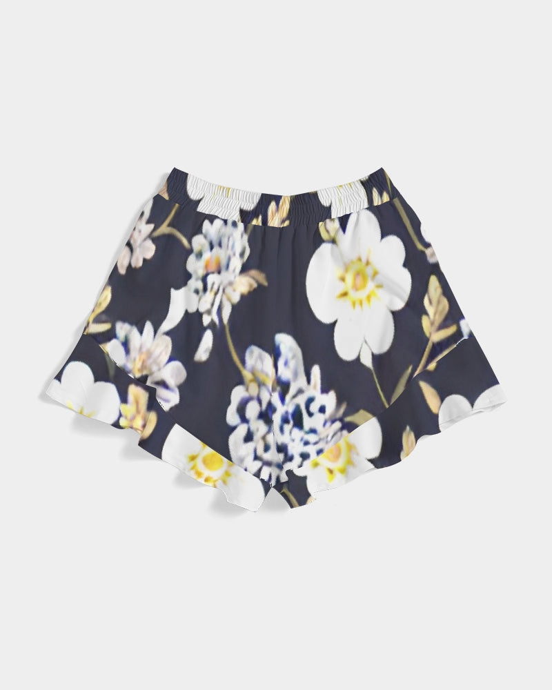 Pink flower black background Women's All-Over Print Ruffle Shorts
