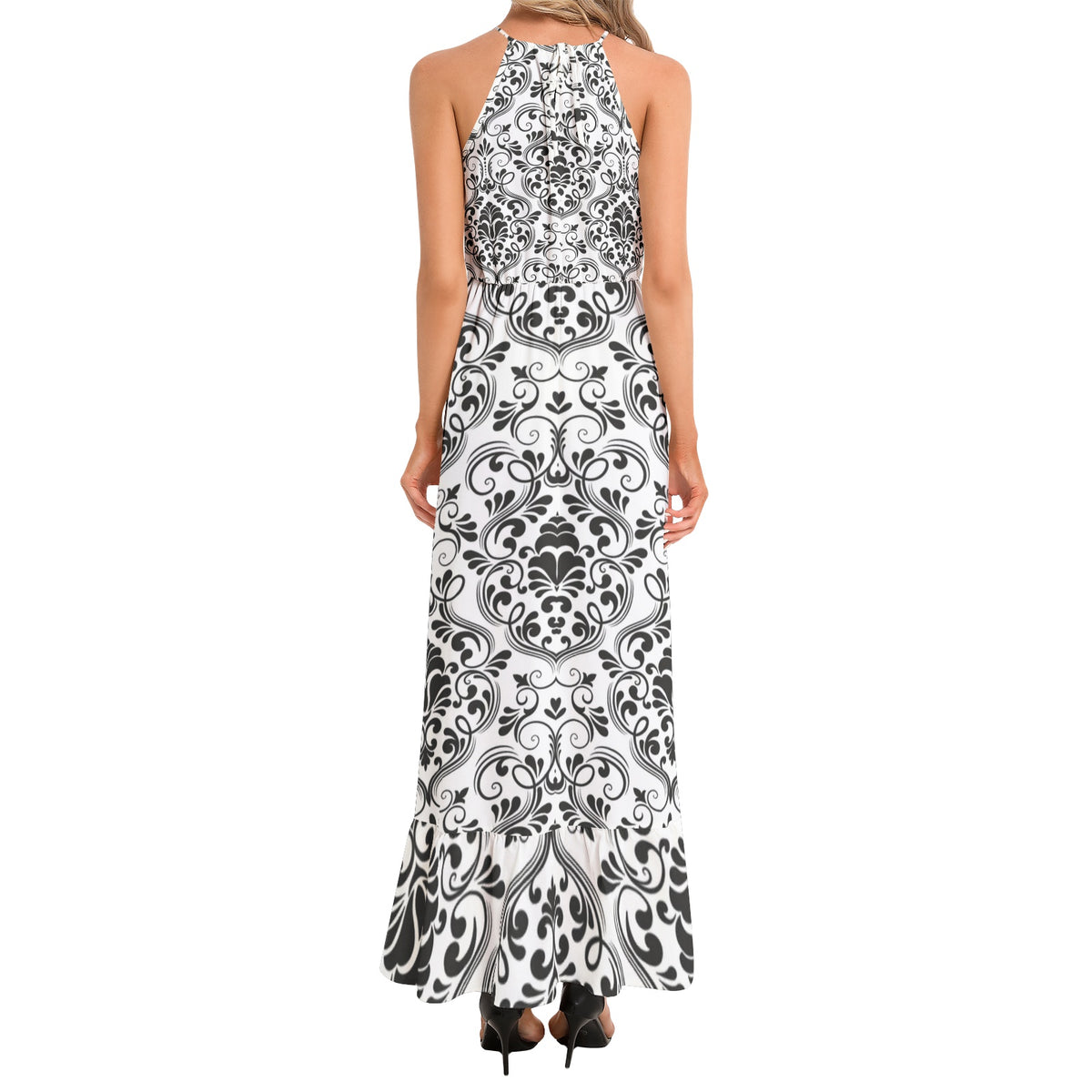 Ruffle Hem Halter Neck Maxi Dress