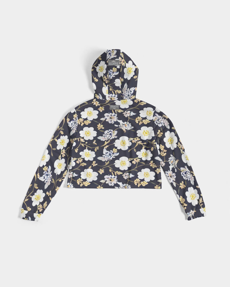 Pink flower black background Women's All-Over Print Cropped Hoodie