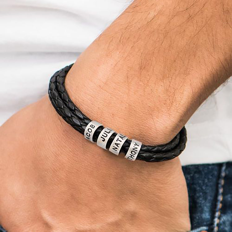 Engraved titanium Beads Leather Bracelet [Sexy silver grey fox]