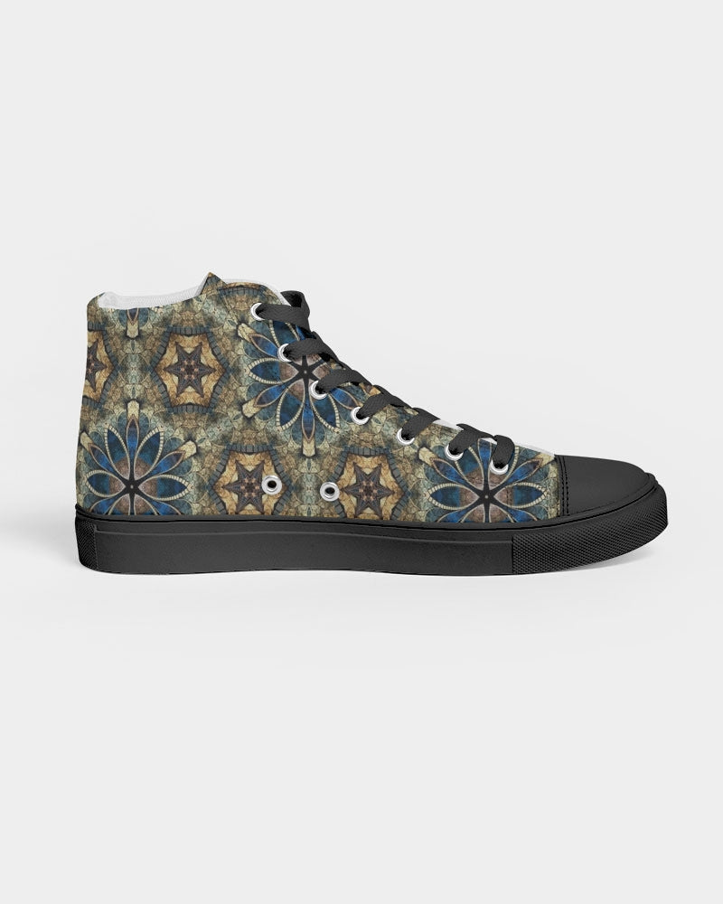 Green & Dark Blue almost star pattern. Men's Hightop Canvas Shoe - Black