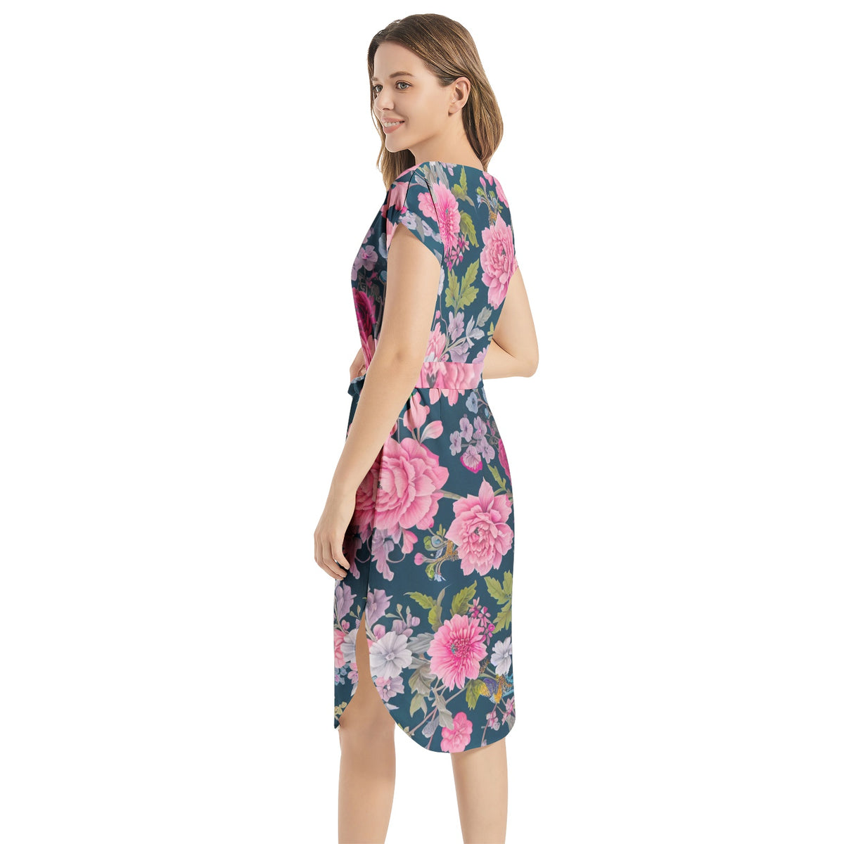Notched Neck Belted Dress