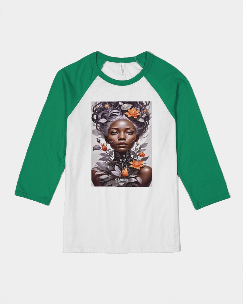 Beautiful black silver grey hair blossom women Unisex Three-Quarter Sleeve Baseball Tee | Bella + Canvas