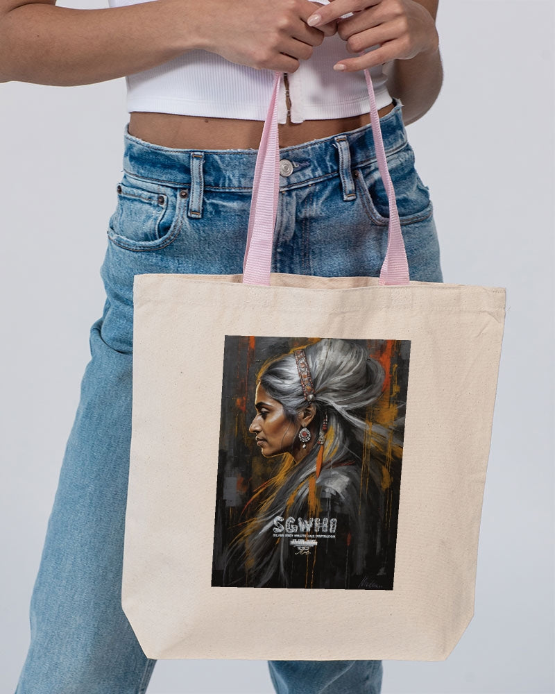 South Asian silver grey white hair sisters portrait [2] Canvas Tote with Contrast-Color Handles | Q-Tees
