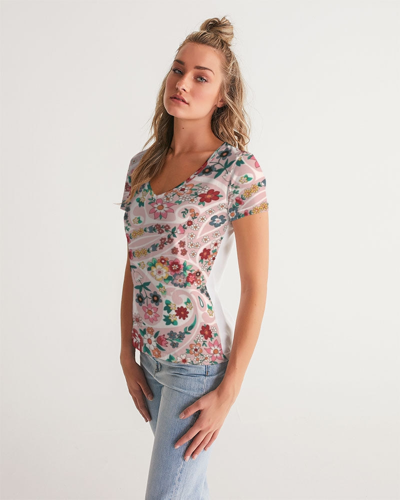 Pink abstract Pretty Sisters Women's All-Over Print V-Neck Tee