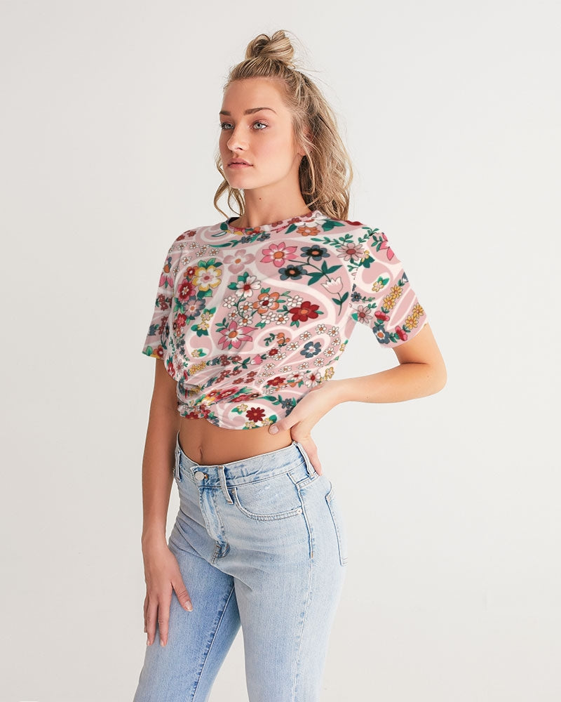 Pink abstract Pretty Sisters Women's All-Over Print Twist-Front Cropped Tee