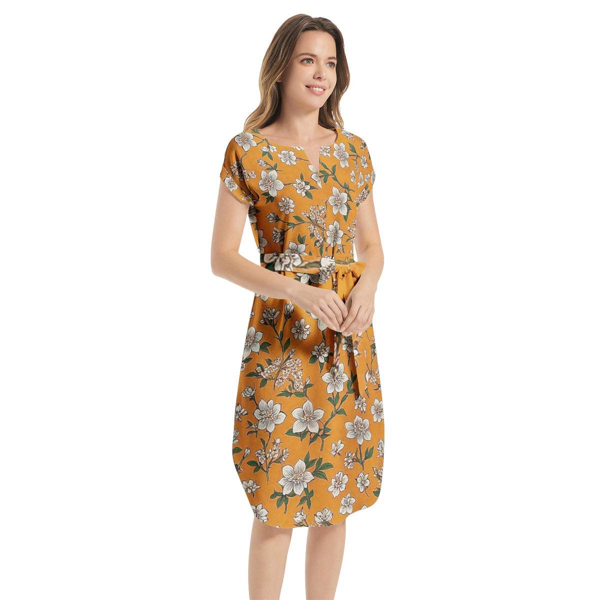 Notched Neck Belted Dress