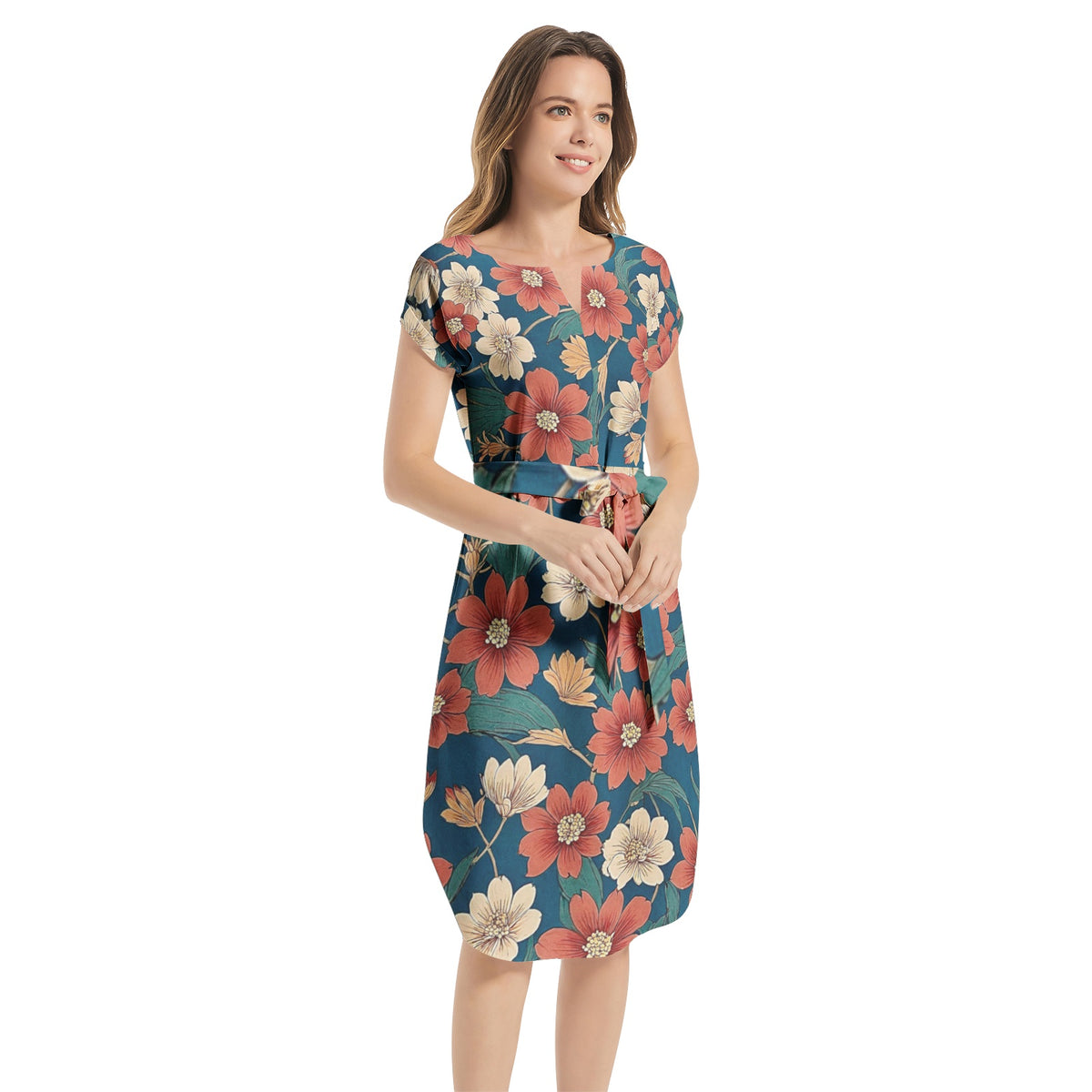 Notched Neck Belted Dress