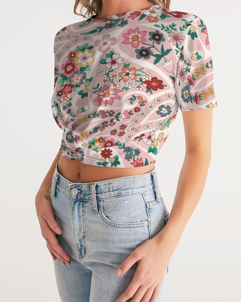 Pink abstract Pretty Sisters Women's All-Over Print Twist-Front Cropped Tee