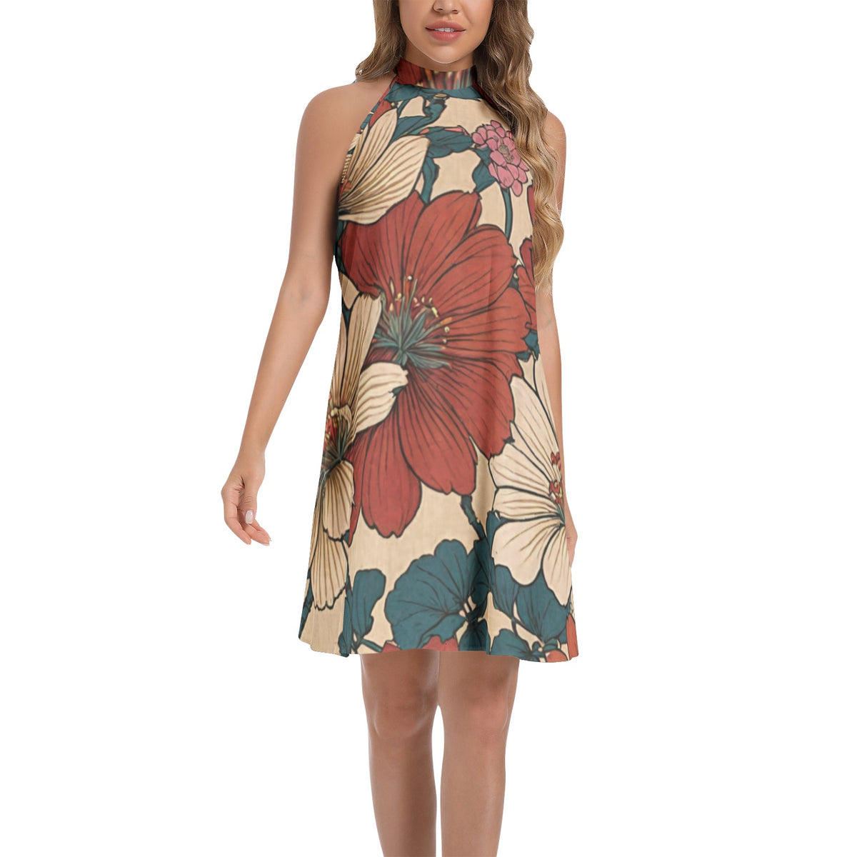 Tie Back Halter Neck Flared Dress