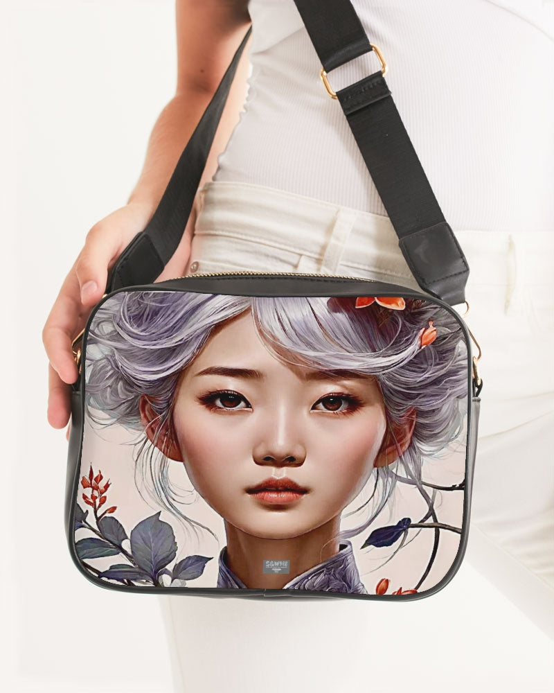 Beautiful Asian woman grey hair blossom Crossbody Bag