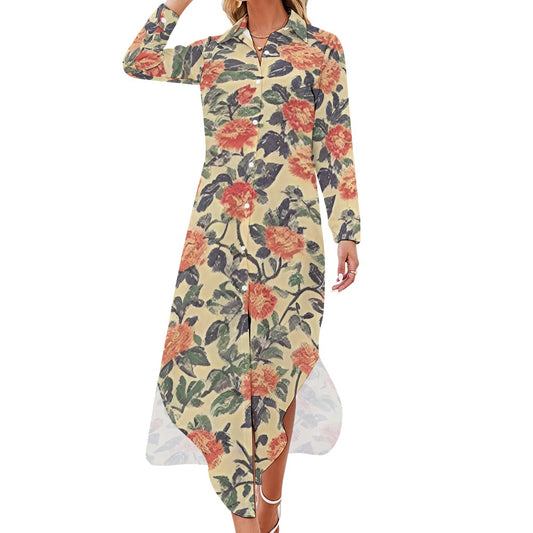 Button Neck Long Sleeve Shirt Dress