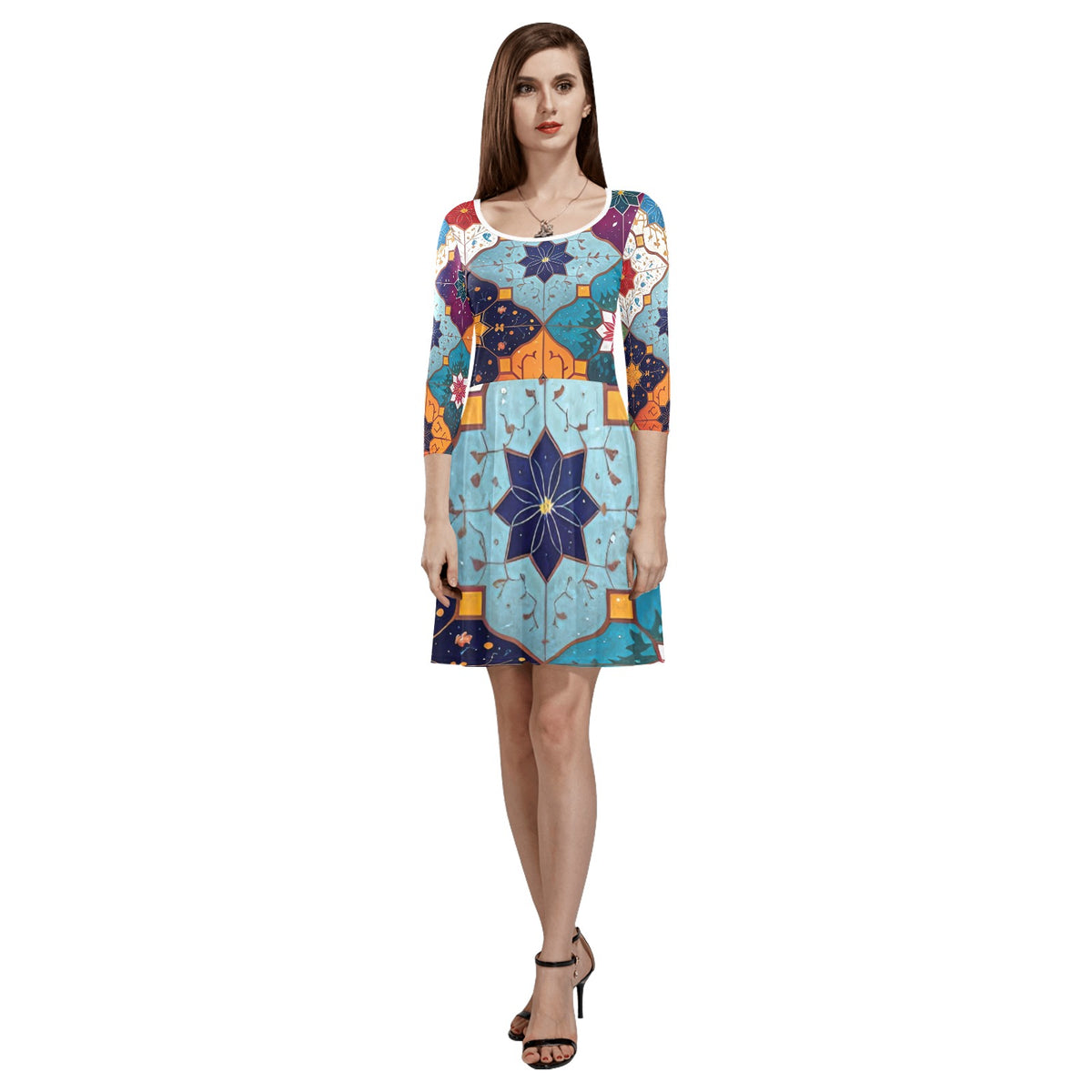 Women's 3/4 Sleeve Round Neck Sundress(Model D23)