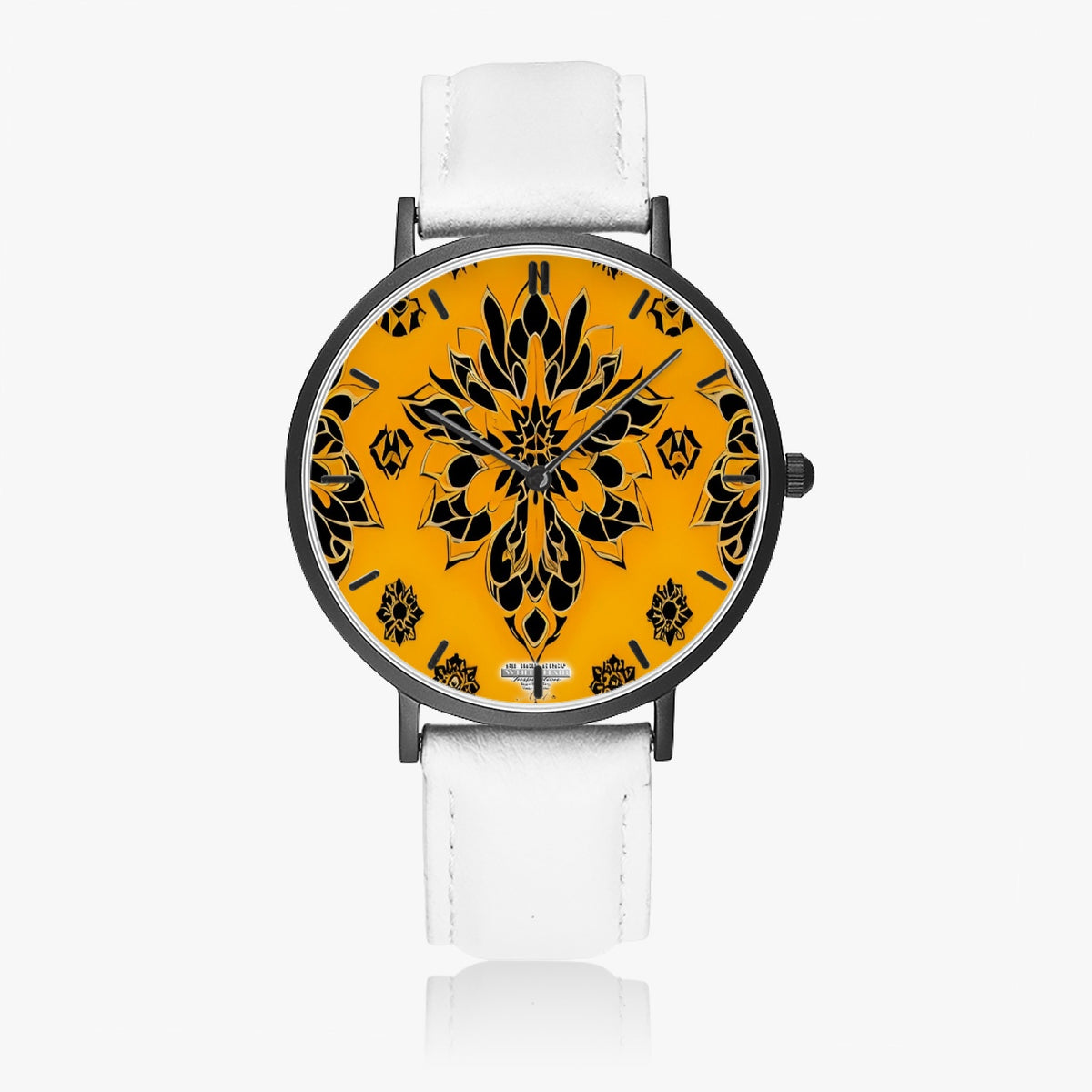 Orange and black royal pattern Hot Selling Ultra-Thin Leather Strap Quartz Watch (Black With Indicators)