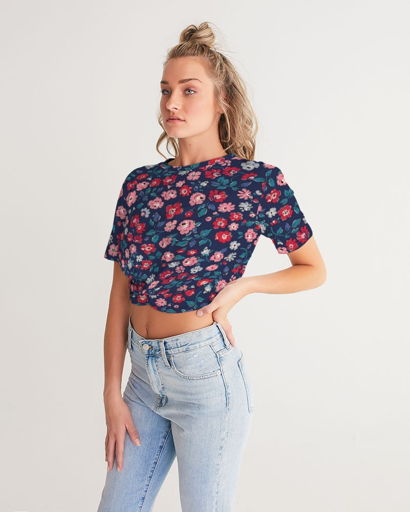 Midnight blue pretty glance.  Women's All-Over Print Twist-Front Cropped Tee