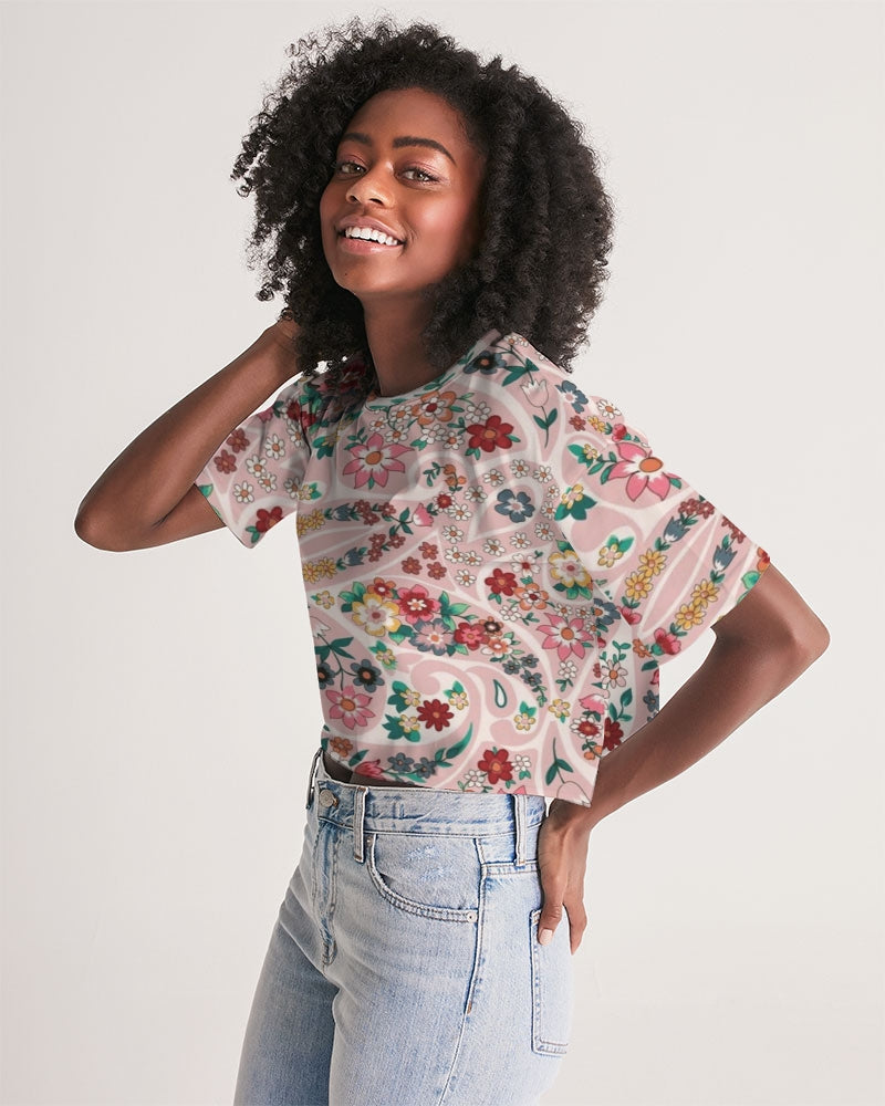 Pink abstract Pretty Sisters Women's All-Over Print Lounge Cropped Tee
