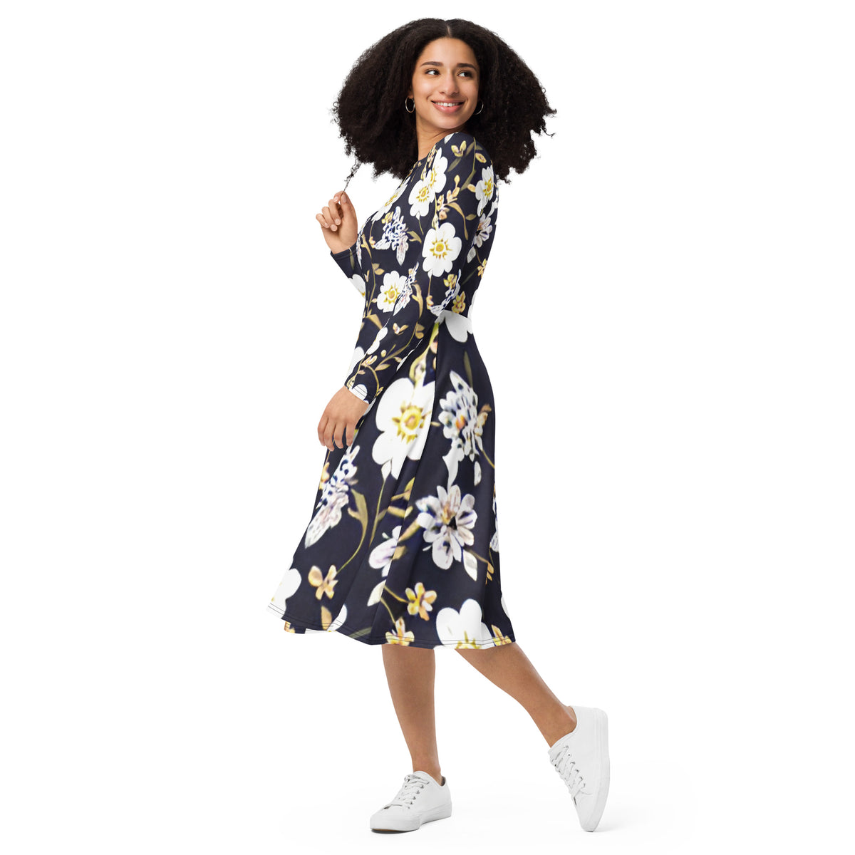 All-over print long sleeve midi dress