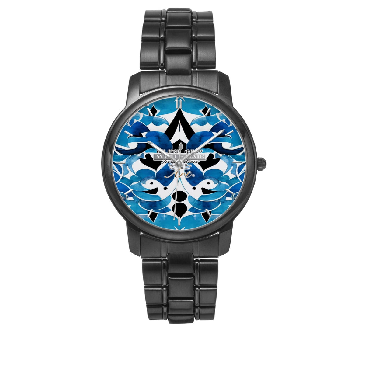 Silver grey white hair inspiration Blue abstract pattern Folding Clasp Type Stainless Steel Quartz Watch (With Indicators)