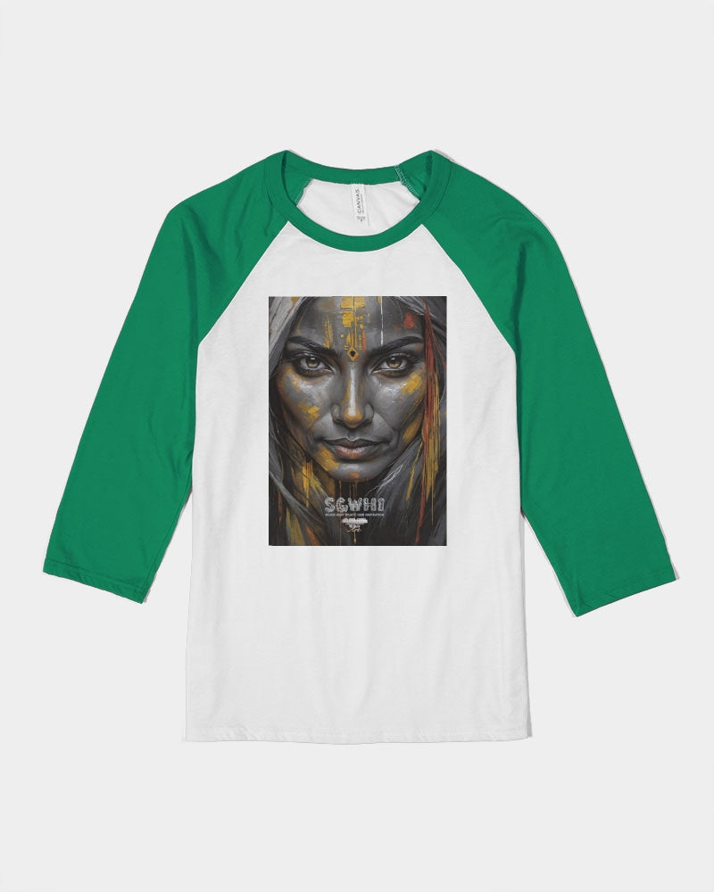 South Asian silver grey white hair sisters portrait [3] Unisex Three-Quarter Sleeve Baseball Tee | Bella + Canvas
