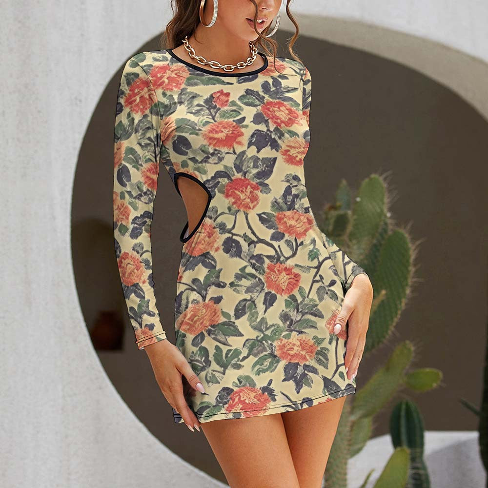 Ladies Long Sleeve Waist Cutout Slim Dress