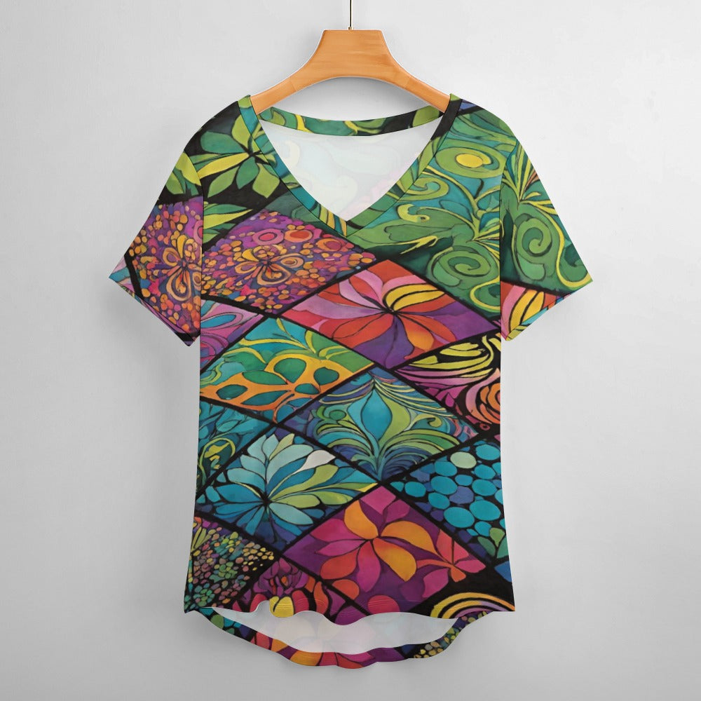 2024 New V Neck Short-sleeve Women Shirt Printed