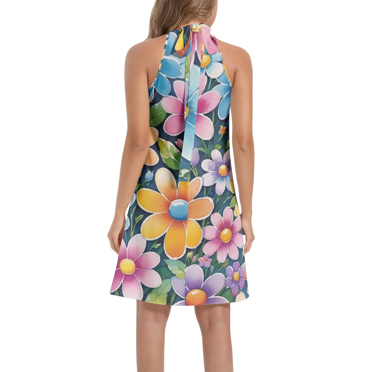 Tie Back Halter Neck Flared Dress
