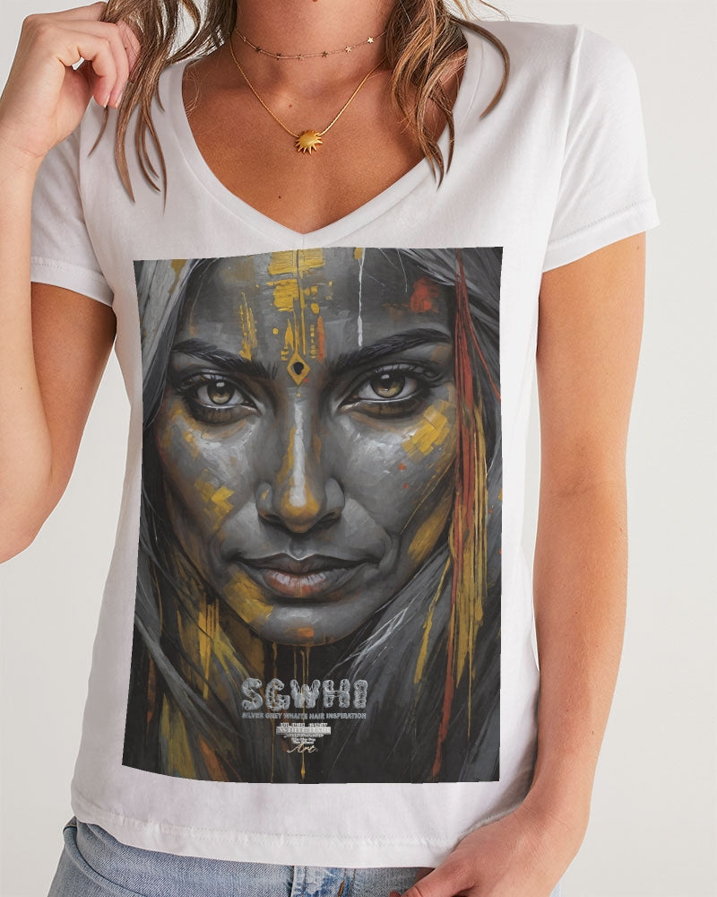 South Asian silver grey white hair sisters portrait [3] Women's All-Over Print V-Neck Tee
