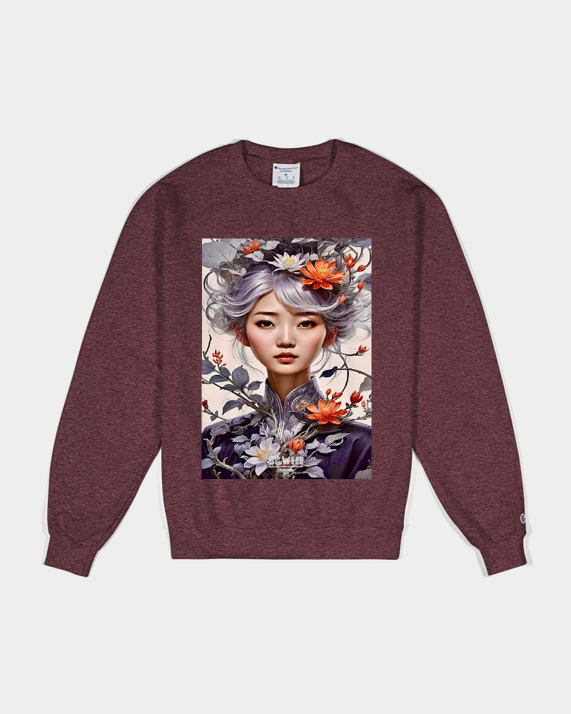 Beautiful Asian woman grey hair blossom Unisex Sweatshirt | Champion