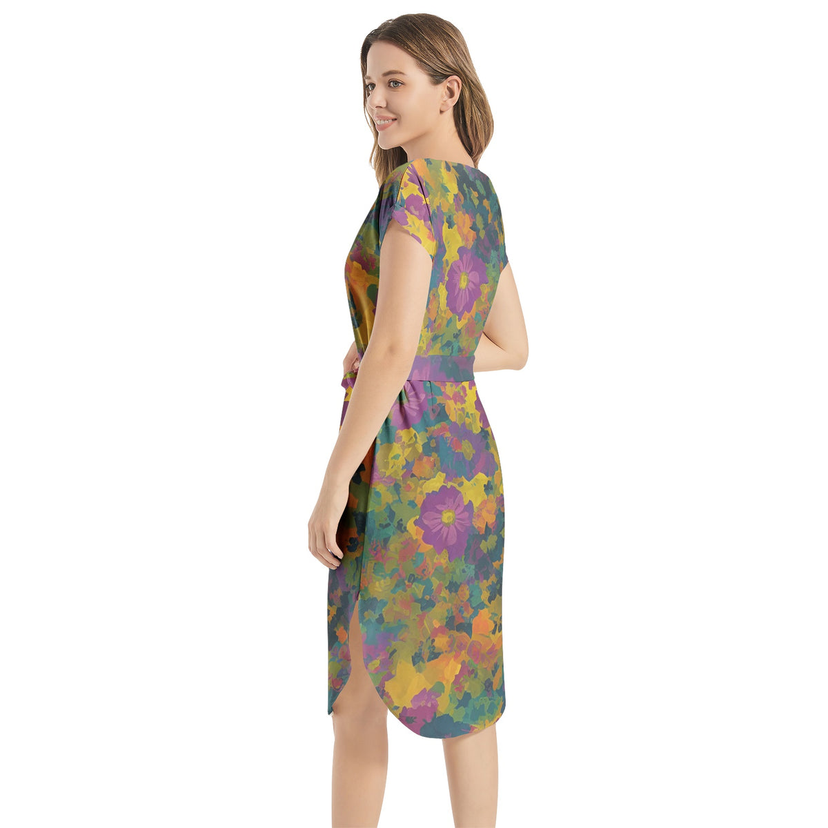 Notched Neck Belted Dress