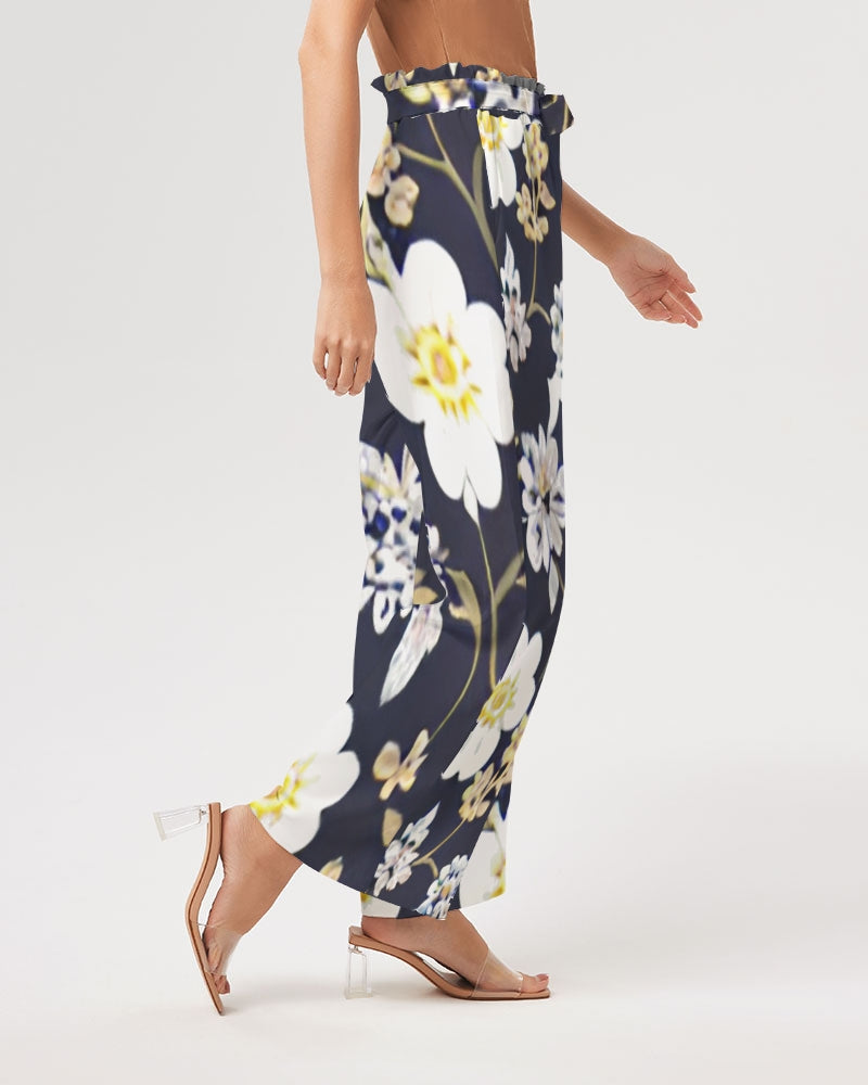 Pink flower black background Women's All-Over Print High-Rise Wide Leg Pants