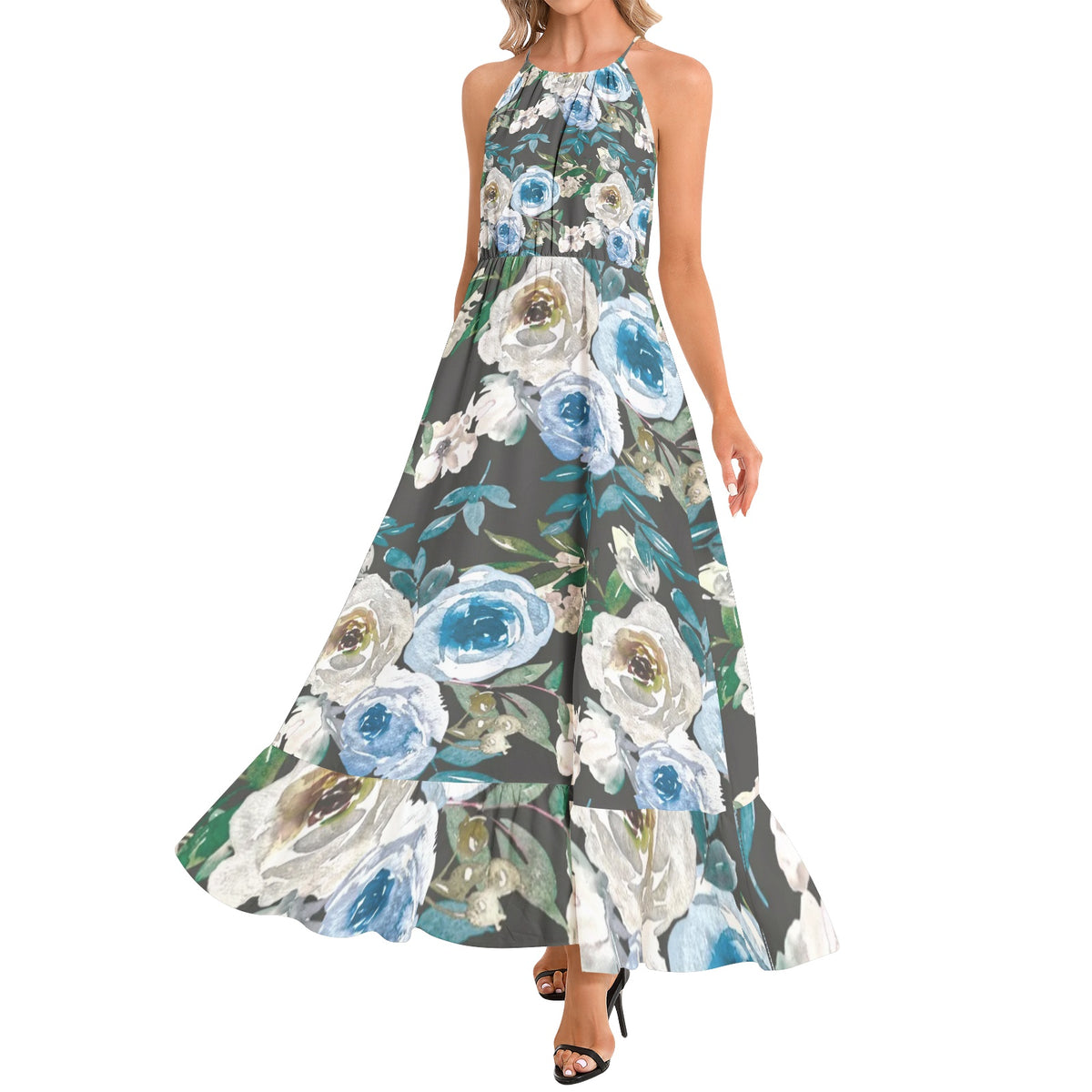 Ruffle Hem Halter Neck Maxi Dress