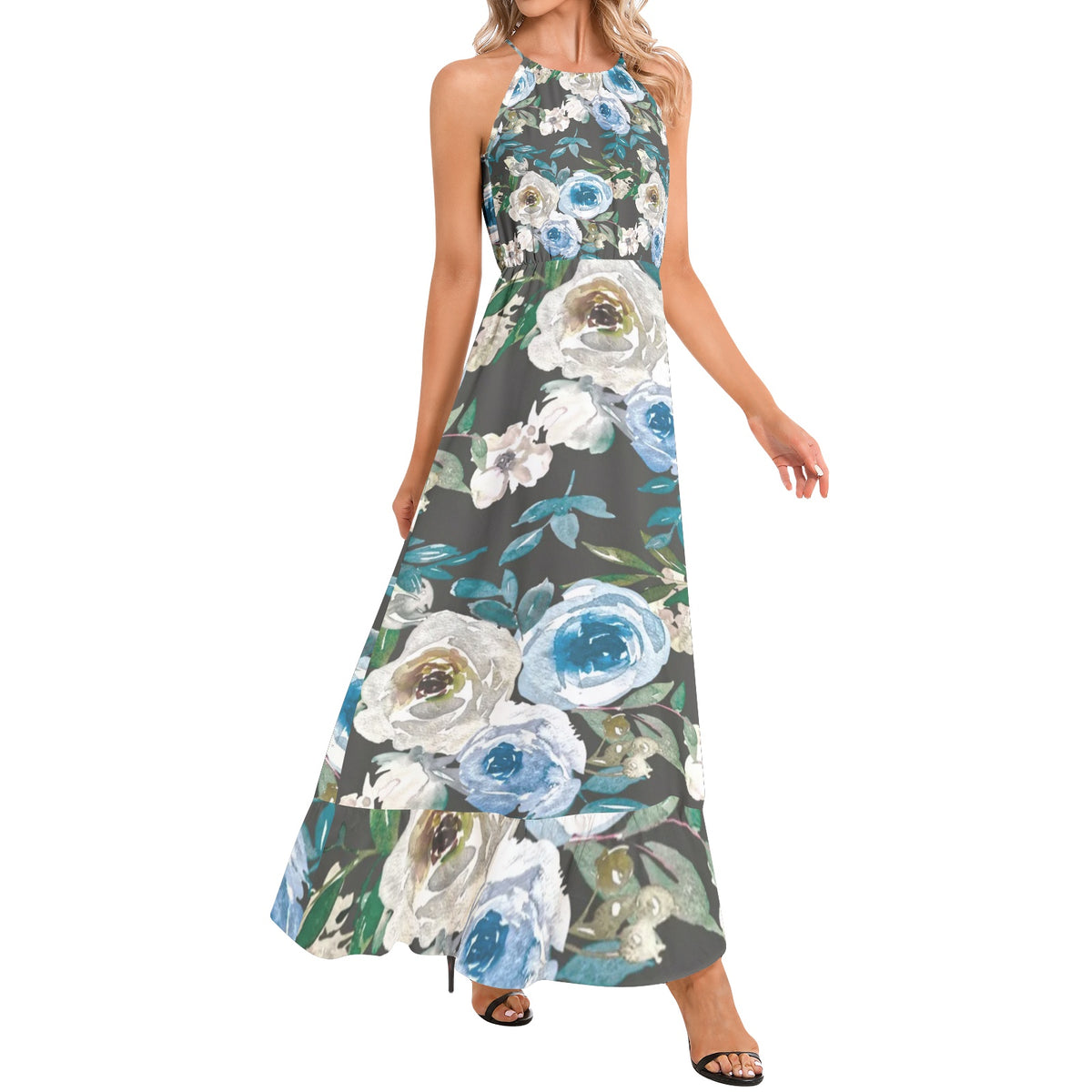 Ruffle Hem Halter Neck Maxi Dress