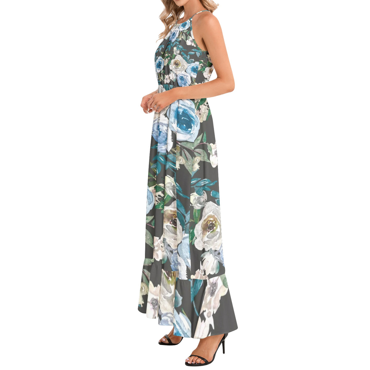 Ruffle Hem Halter Neck Maxi Dress