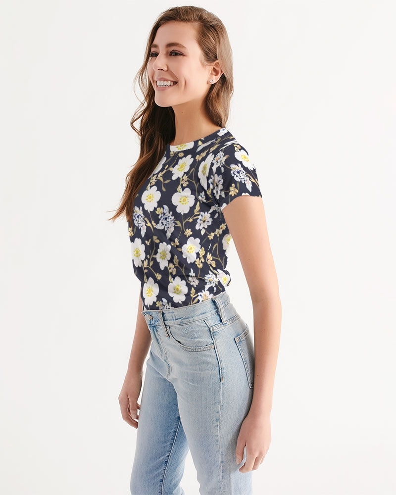 Pink flower black background Women's All-Over Print Tee