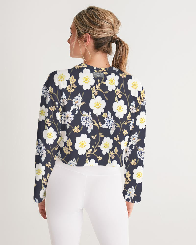Pink flower black background Women's All-Over Print Cropped Sweatshirt