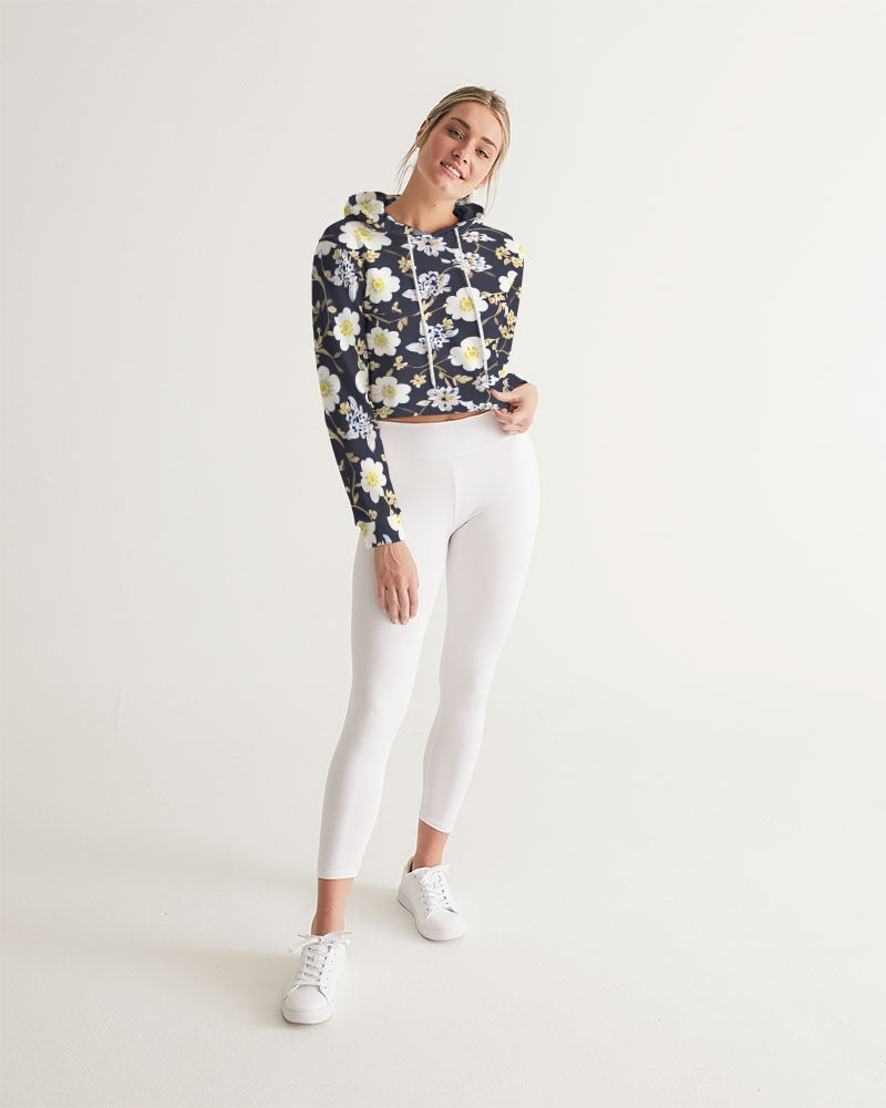 Pink flower black background Women's All-Over Print Cropped Hoodie