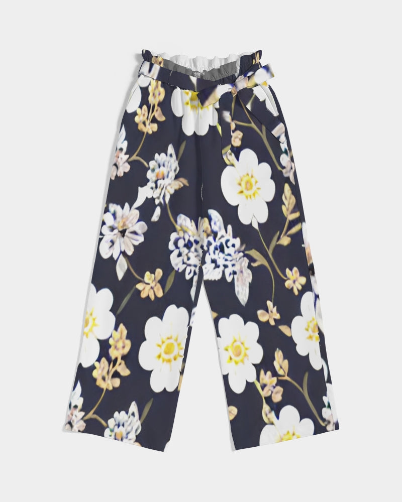 Pink flower black background Women's All-Over Print High-Rise Wide Leg Pants