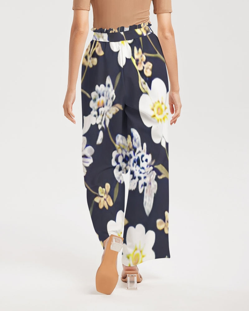 Pink flower black background Women's All-Over Print High-Rise Wide Leg Pants