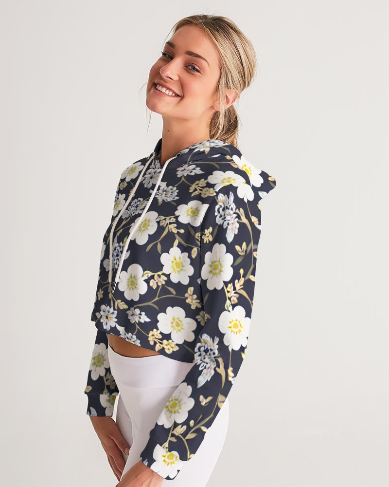 Pink flower black background Women's All-Over Print Cropped Hoodie