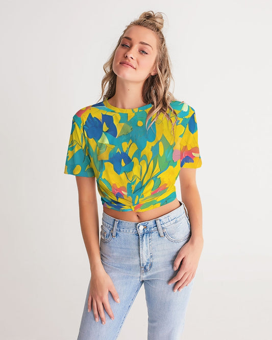 Beautiful yellow and blue hint of red pattern Women's Twist-Front Cropped Tee