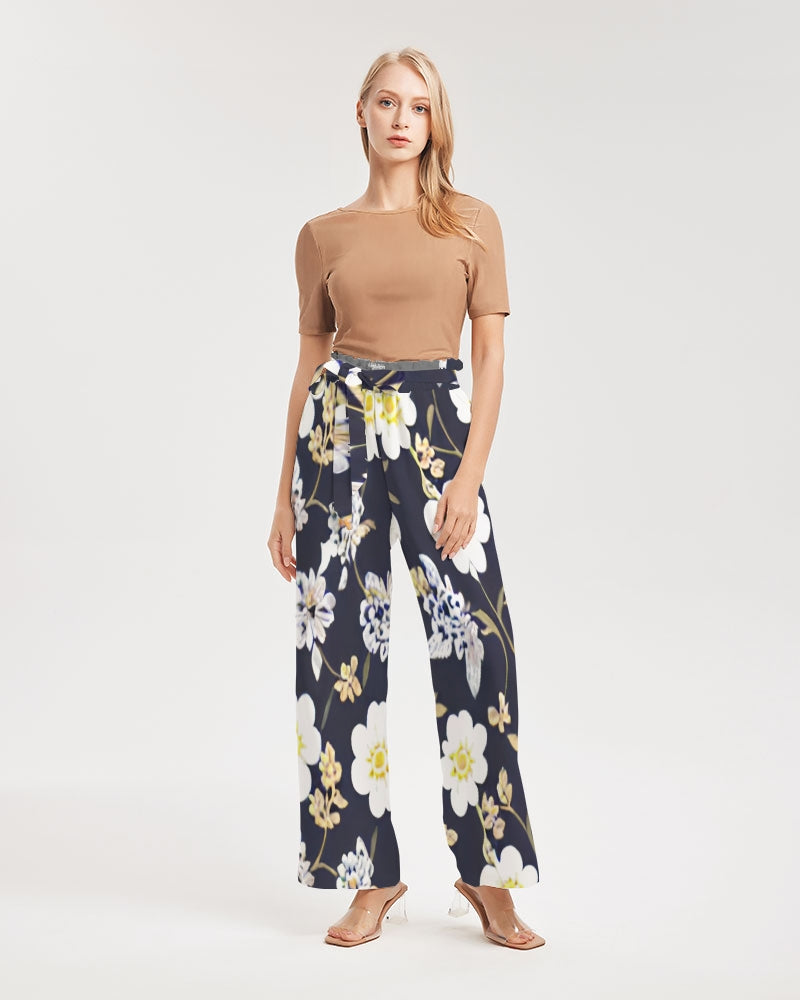 Pink flower black background Women's All-Over Print High-Rise Wide Leg Pants