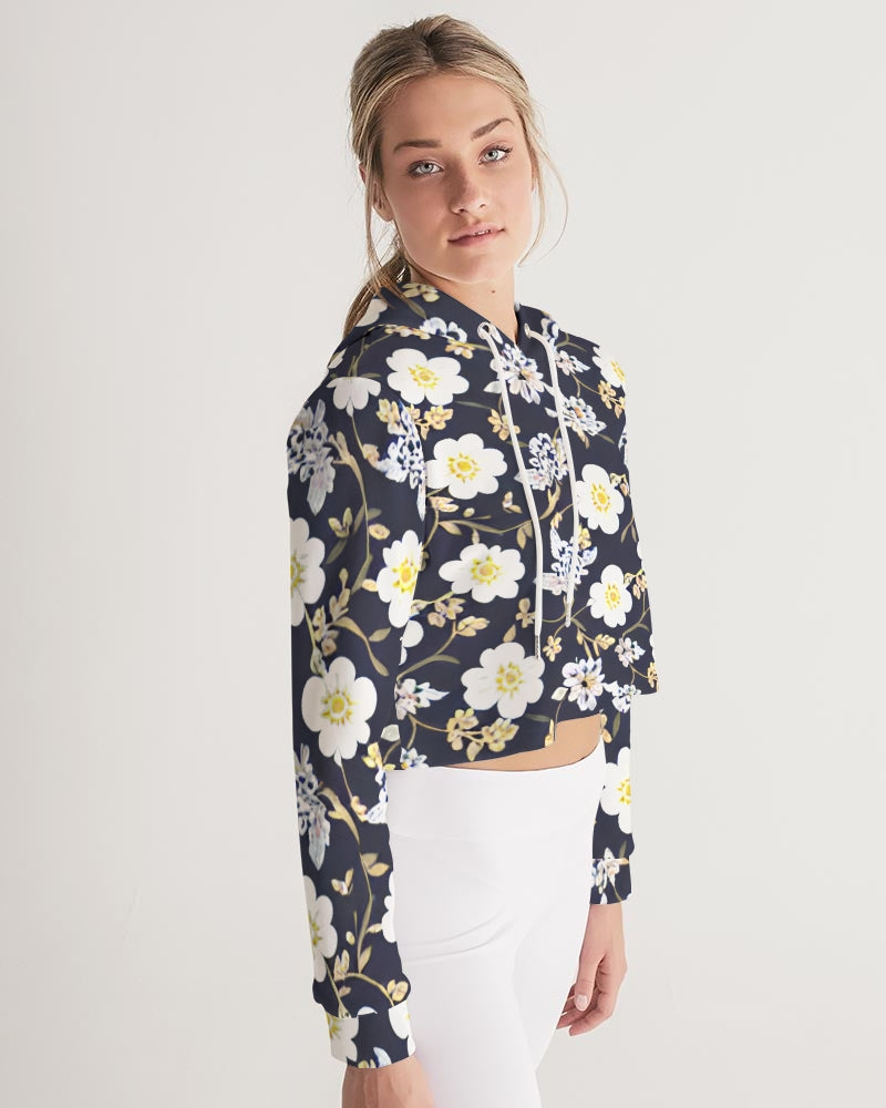 Pink flower black background Women's All-Over Print Cropped Hoodie
