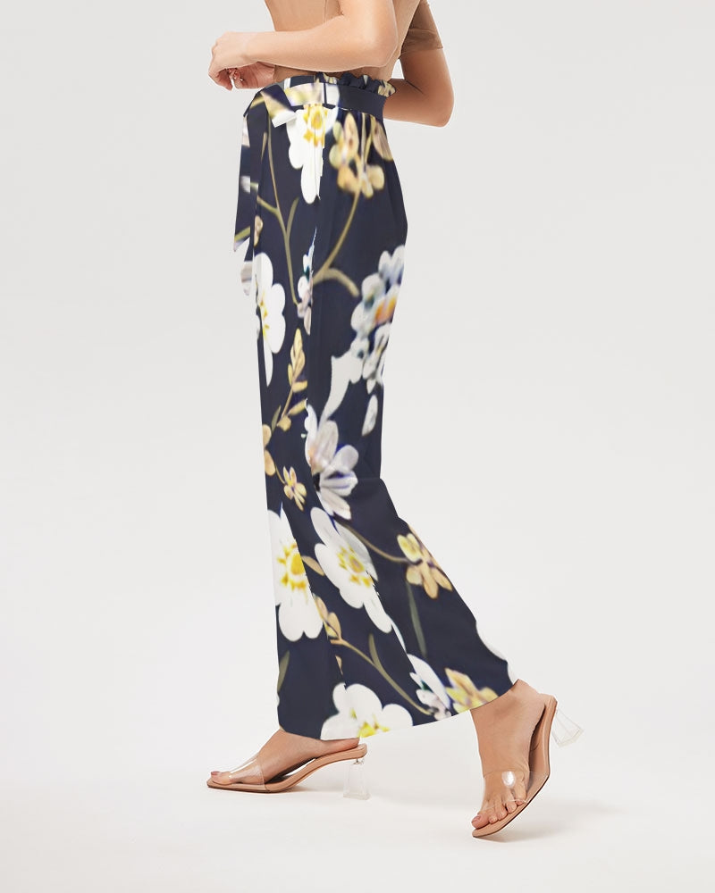 Pink flower black background Women's All-Over Print High-Rise Wide Leg Pants
