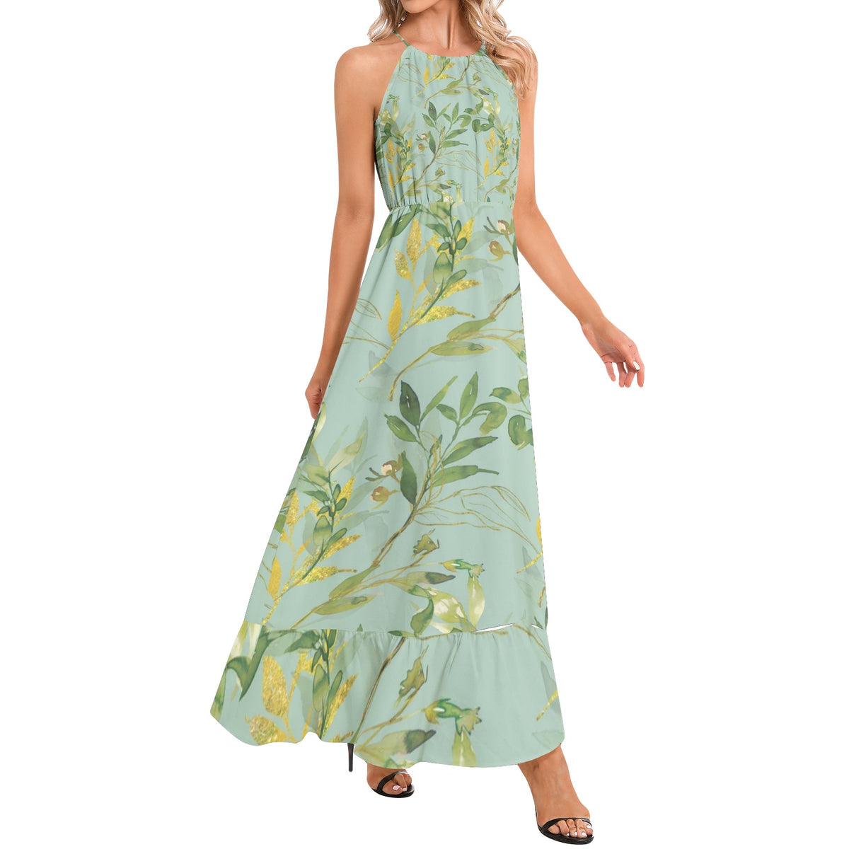 Ruffle Hem Halter Neck Maxi Dress