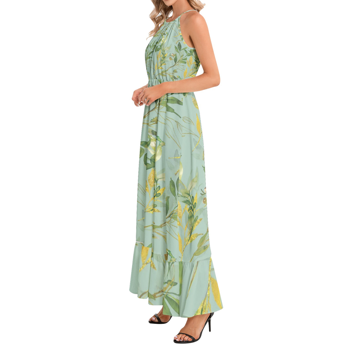 Ruffle Hem Halter Neck Maxi Dress
