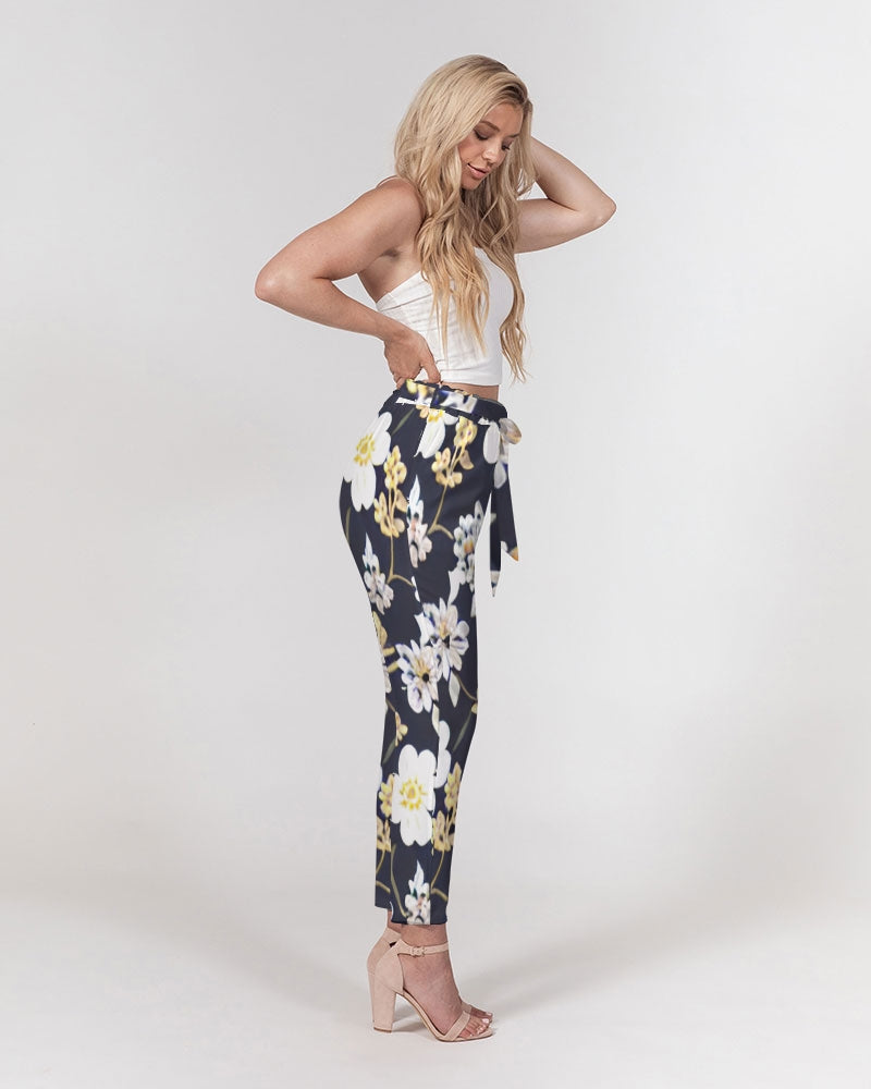 Pink flower black background Women's All-Over Print Belted Tapered Pants
