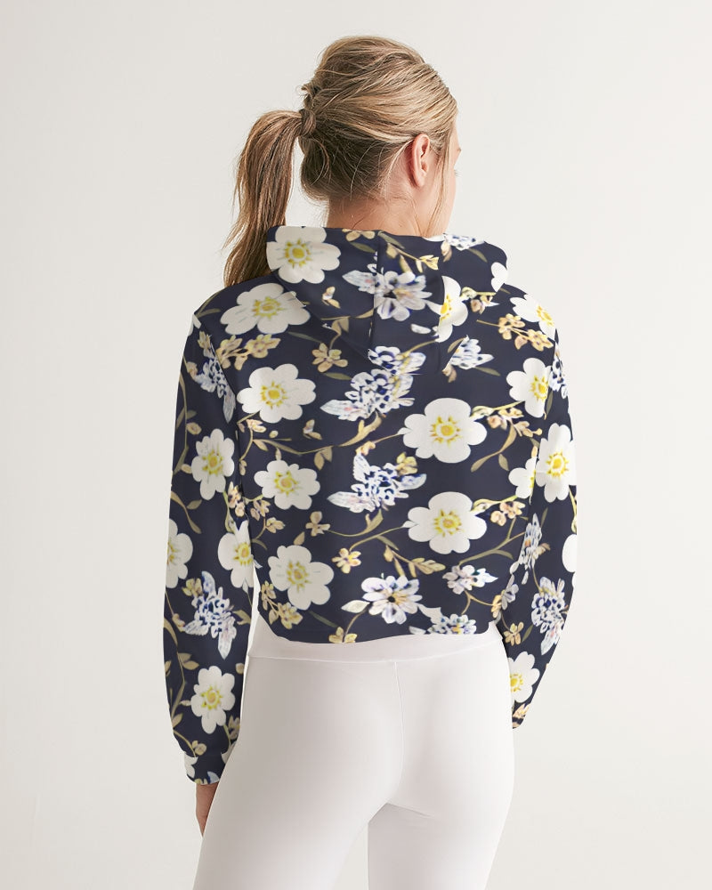 Pink flower black background Women's All-Over Print Cropped Hoodie