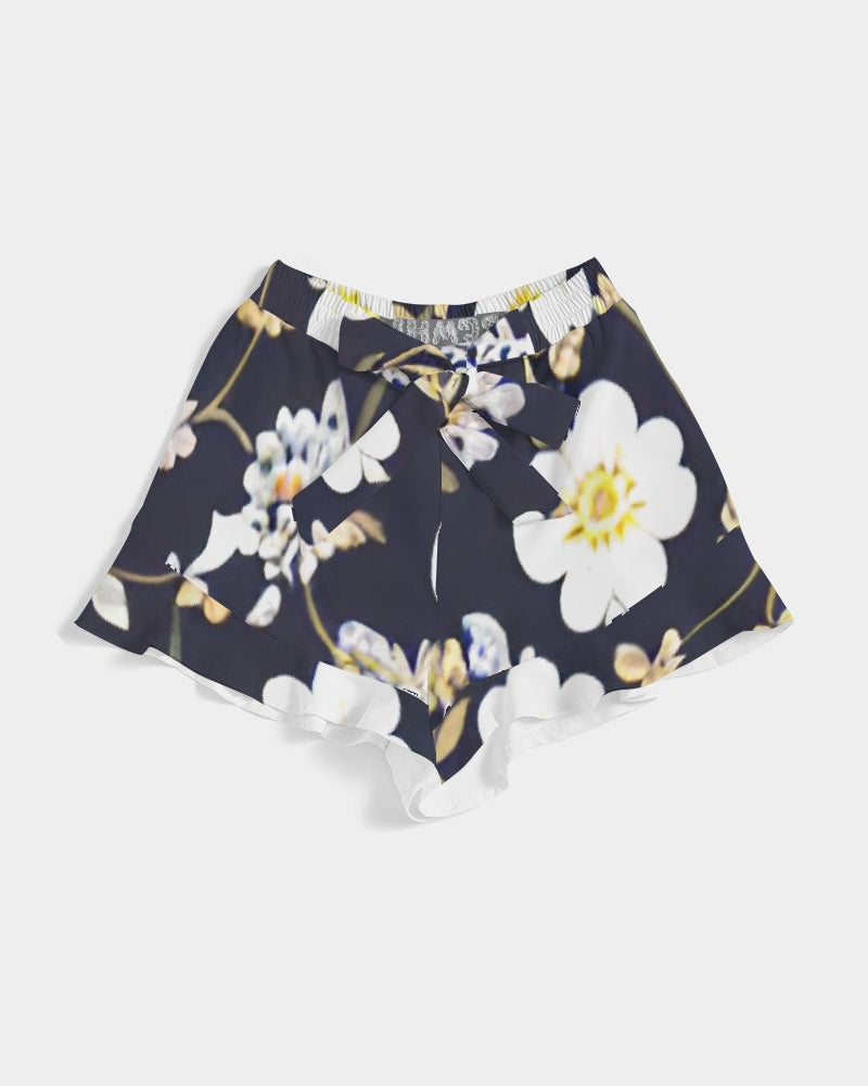 Pink flower black background Women's All-Over Print Ruffle Shorts