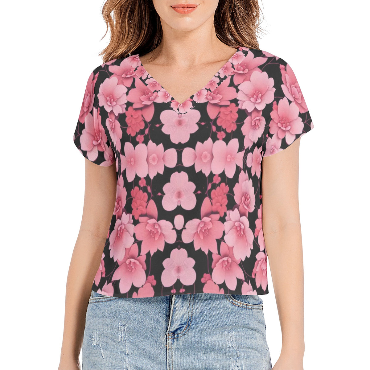Silver grey white hair inspiration Sleeve V-Neck pink flower Top